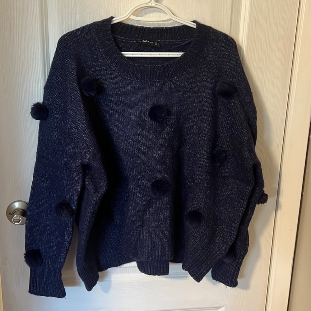 Zara navy blue oversize pompom sweater
